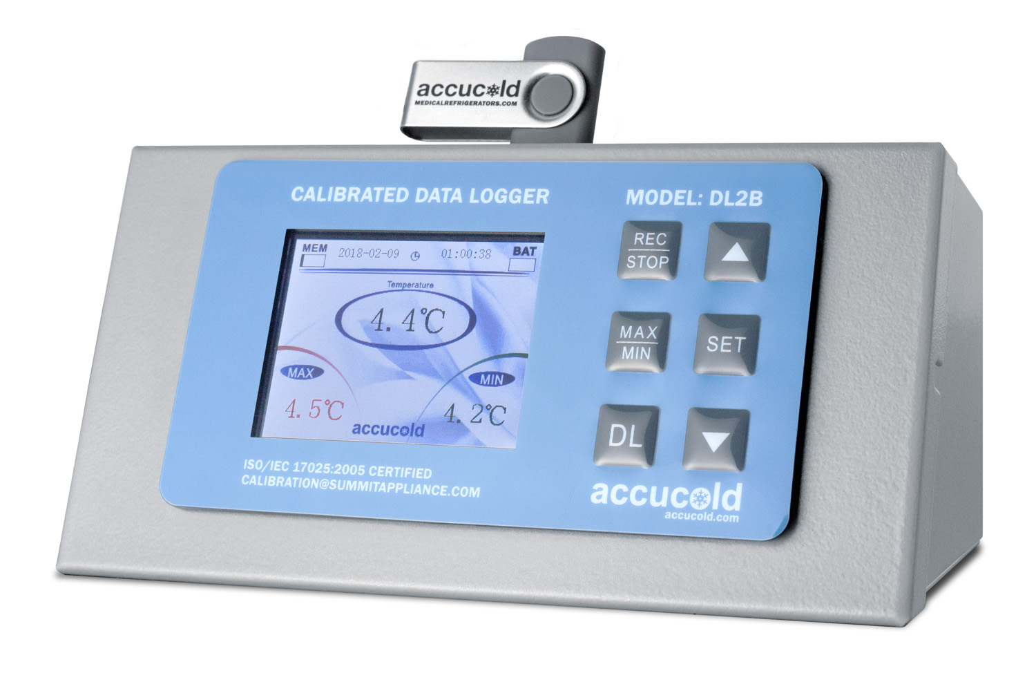 NIST calibrated USB digital data logger with LCD display of the current and high/low temperature and audible/visual temperature alarm